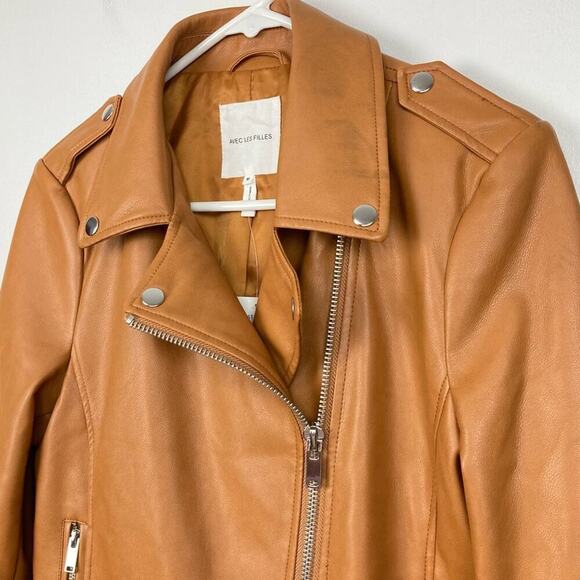 NWT * AVEC LES FILLES Vegan Leather Moto Biker Jacket in Camel - Size M - $174. - Picture 5 of 14